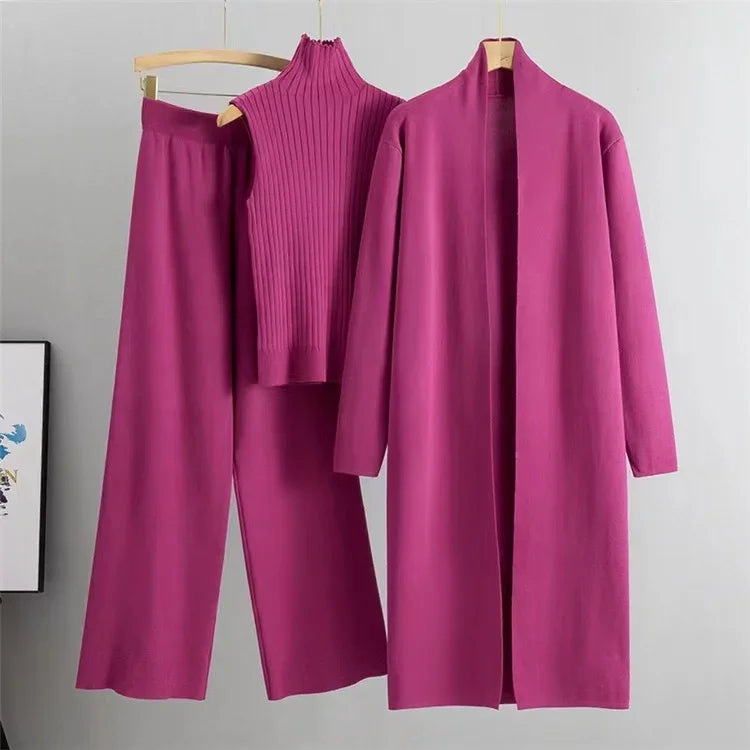 3 Piece Women Cardigan Tracksuits Fashion Knitted Pant Set Winter