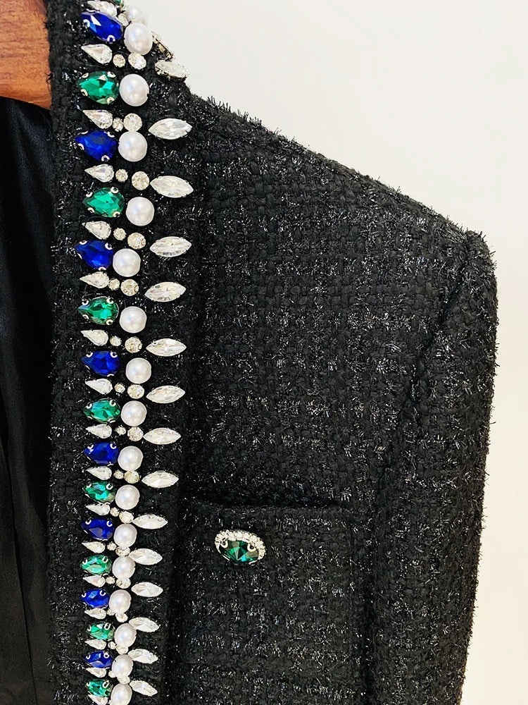 Blazer Women's Stunning Strass Diamonds Beading Shawl Collar Tweed Jacket