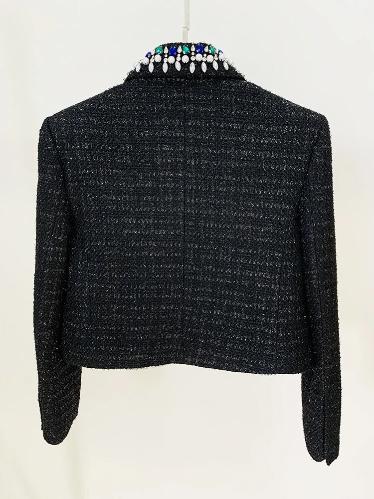 Blazer Women's Stunning Strass Diamonds Beading Shawl Collar Tweed Jacket