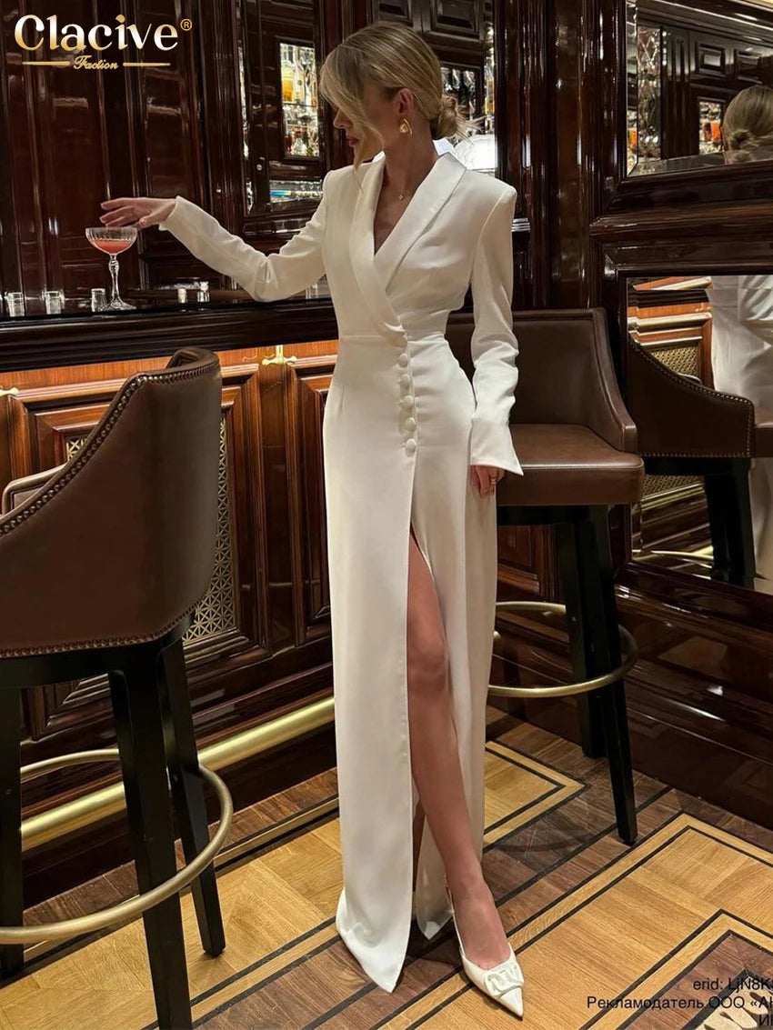White Dress Long Sleeve Elegant Classic Slit Dresses For Women