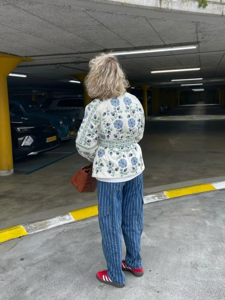 Elegant Floral Print Women's Cotton Jackets With Belt