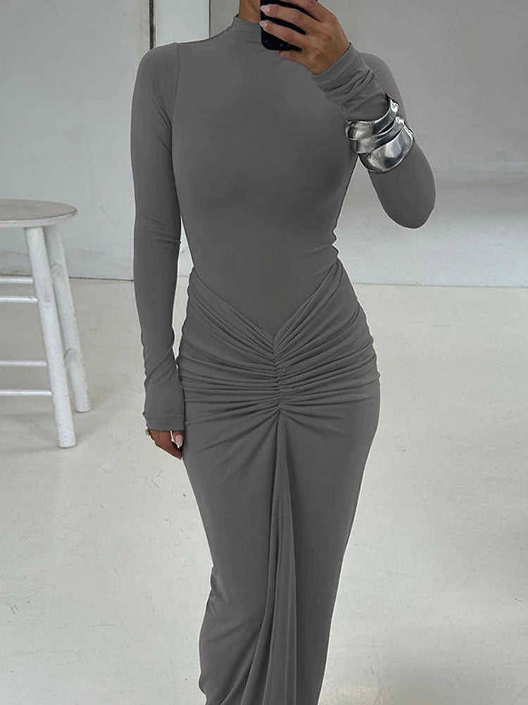 Tossy Pleated Fashion Patchwork Long Dress Women's High Waist Long Sleeve Solid Slim Party Dress