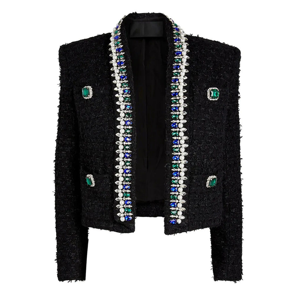 Blazer Women's Stunning Strass Diamonds Beading Shawl Collar Tweed Jacket