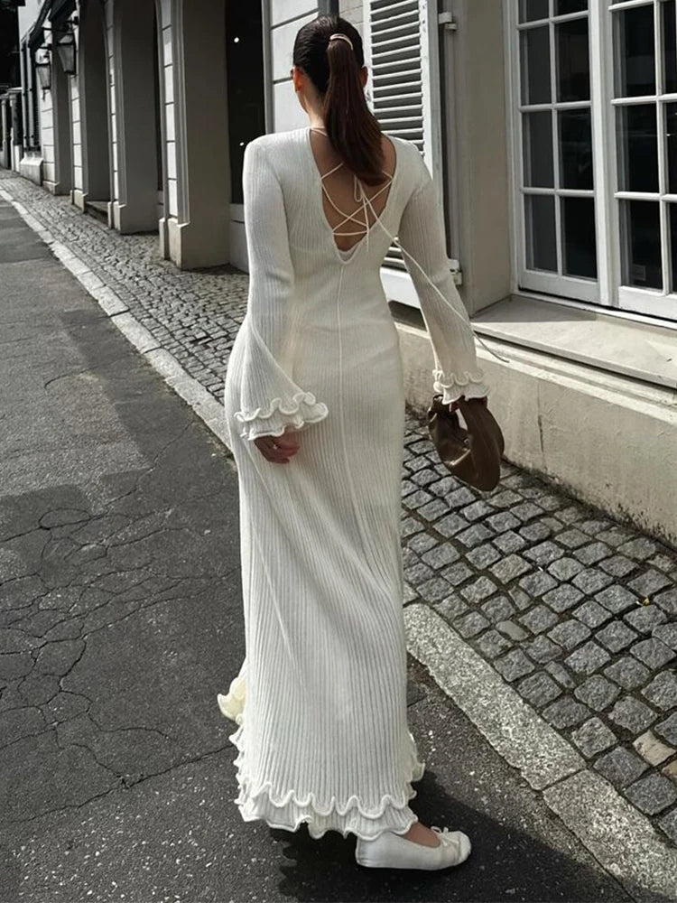 Women Elegant Ruffle Hem Knit White Long Dress