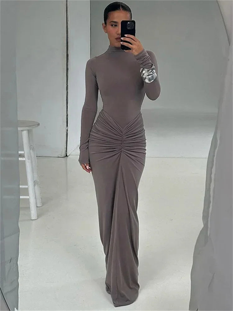 Tossy Pleated Fashion Patchwork Long Dress Women's High Waist Long Sleeve Solid Slim Party Dress