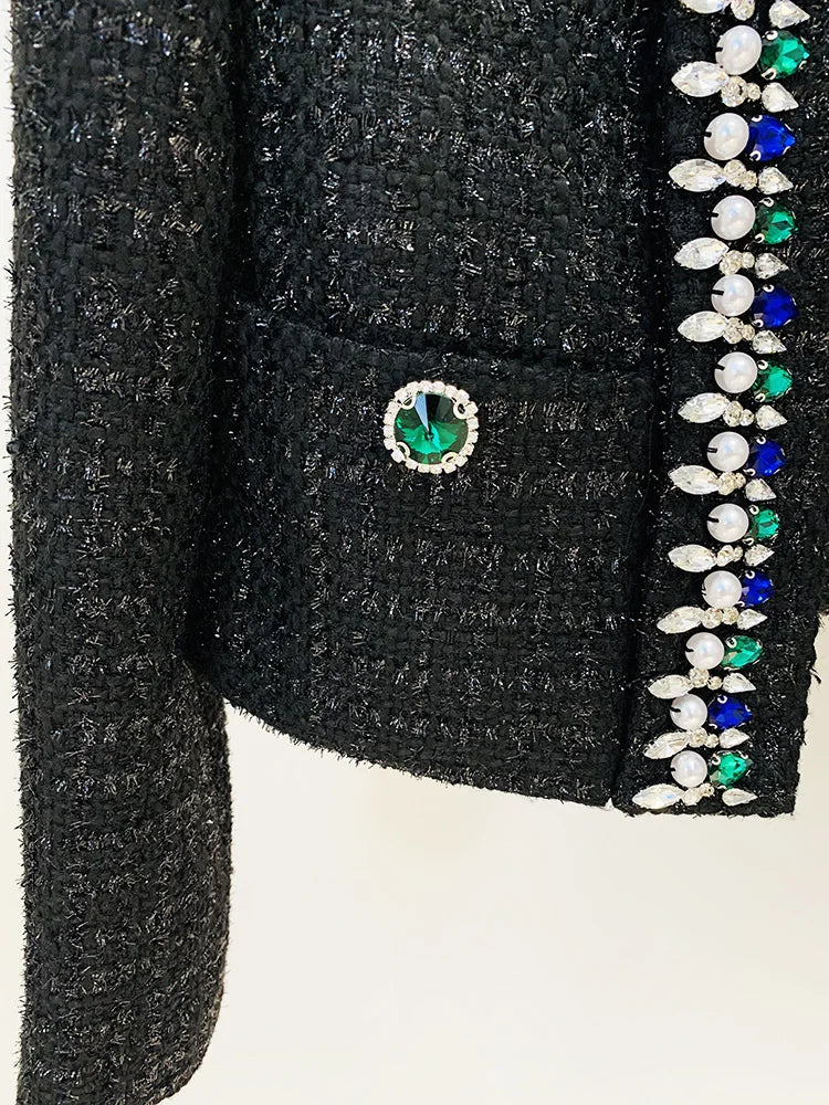 Blazer Women's Stunning Strass Diamonds Beading Shawl Collar Tweed Jacket