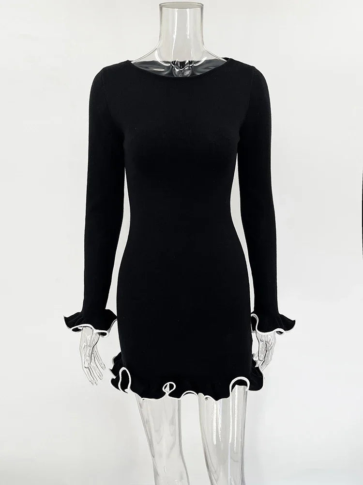 Mini Dress For Women Fungus Contrast Color Slim Sweater Dress.