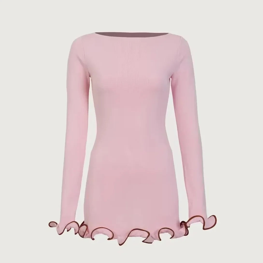 Mini Dress For Women Fungus Contrast Color Slim Sweater Dress.
