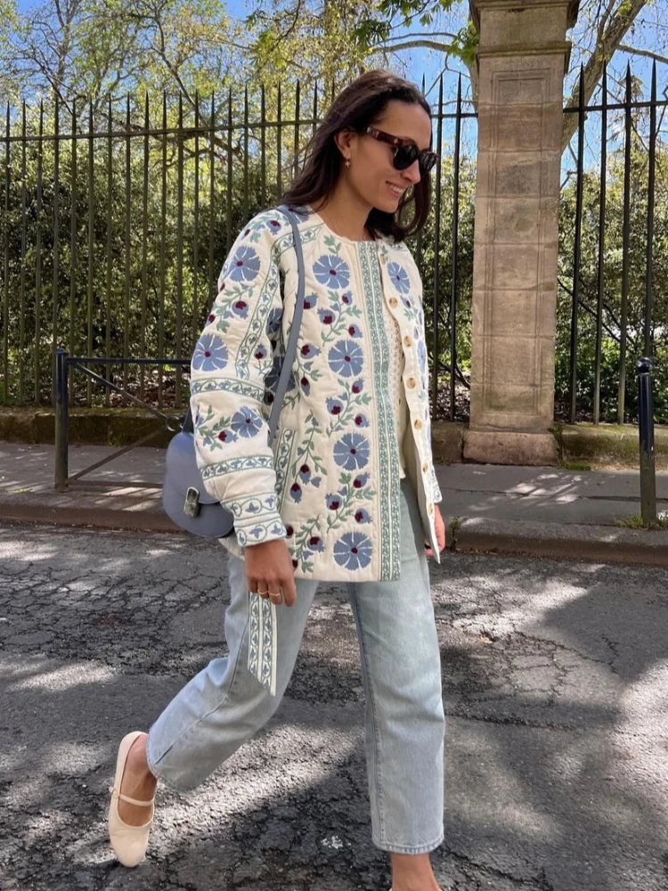 Elegant Floral Print Women's Cotton Jackets With Belt