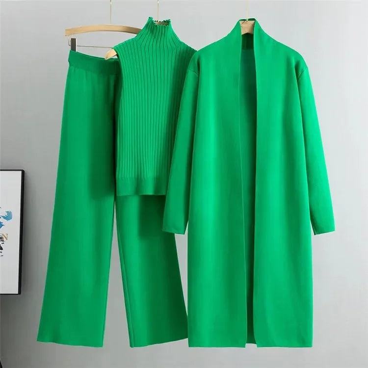 3 Piece Women Cardigan Tracksuits Fashion Knitted Pant Set Winter