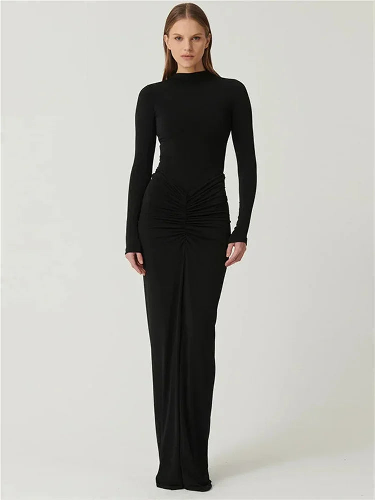 Tossy Pleated Fashion Patchwork Long Dress Women's High Waist Long Sleeve Solid Slim Party Dress