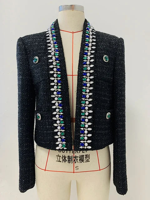 Blazer Women's Stunning Strass Diamonds Beading Shawl Collar Tweed Jacket