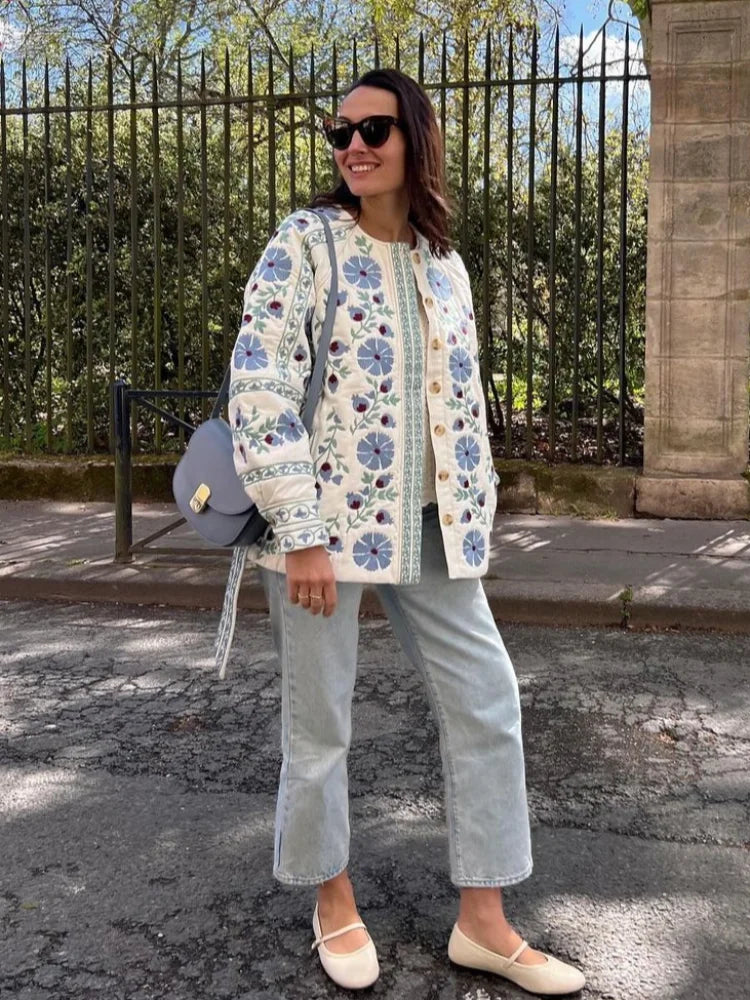 Elegant Floral Print Women's Cotton Jackets With Belt