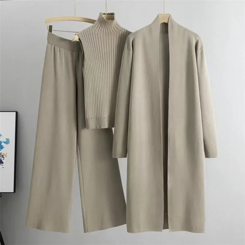 3 Piece Women Cardigan Tracksuits Fashion Knitted Pant Set Winter
