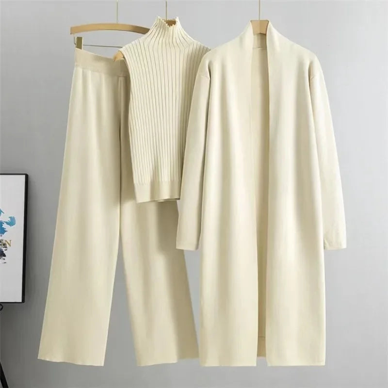 3 Piece Women Cardigan Tracksuits Fashion Knitted Pant Set Winter