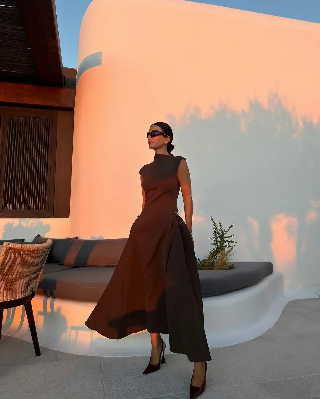 Elegant Oblique Collar Pleated A-line Dress
