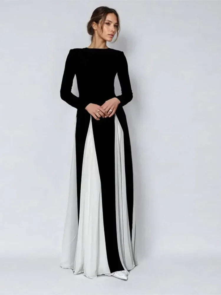 Elegant Black White Patchwork Maxi Dress Long Sleeves