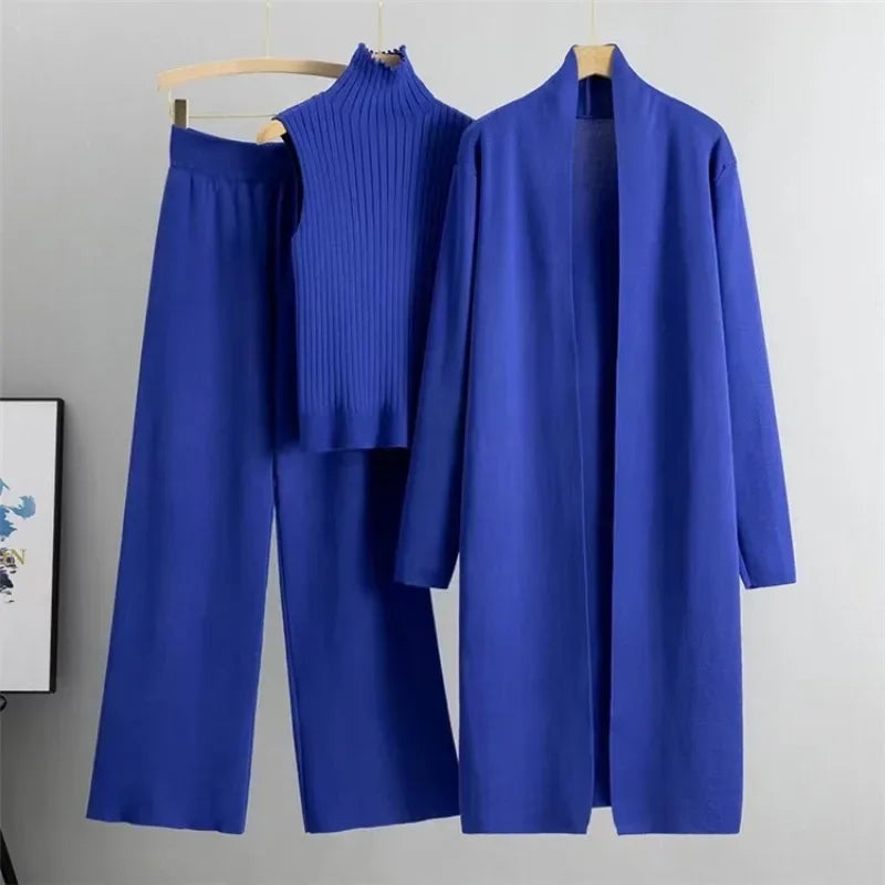 3 Piece Women Cardigan Tracksuits Fashion Knitted Pant Set Winter