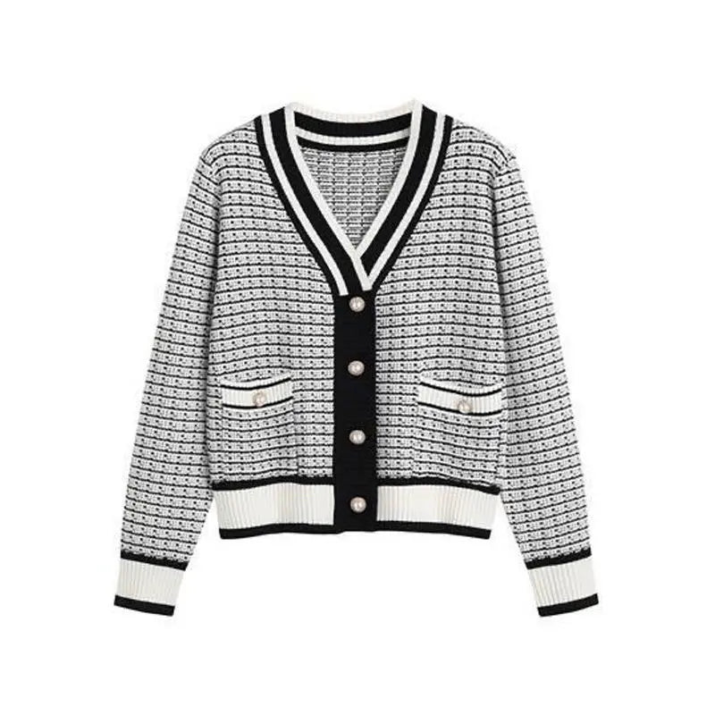Fashion Plaid Short Cardigan Women's V Neck Knitted Sweater
