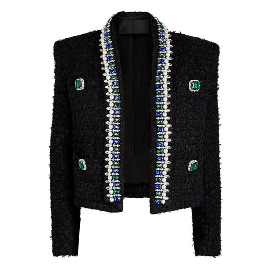 Blazer Women's Stunning Strass Diamonds Beading Shawl Collar Tweed Jacket