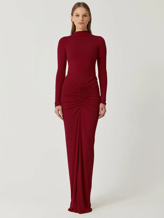 Tossy Pleated Fashion Patchwork Long Dress Women's High Waist Long Sleeve Solid Slim Party Dress