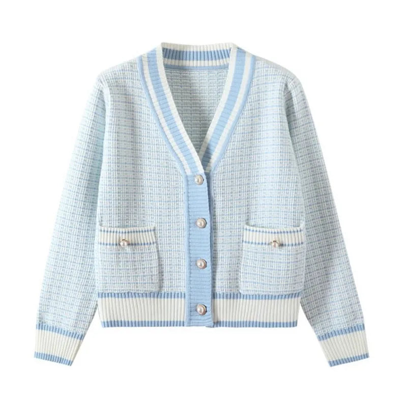 Fashion Plaid Short Cardigan Women's V Neck Knitted Sweater
