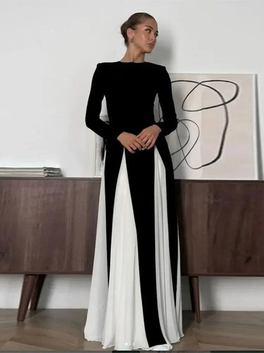 Elegant Black White Patchwork Maxi Dress Long Sleeves