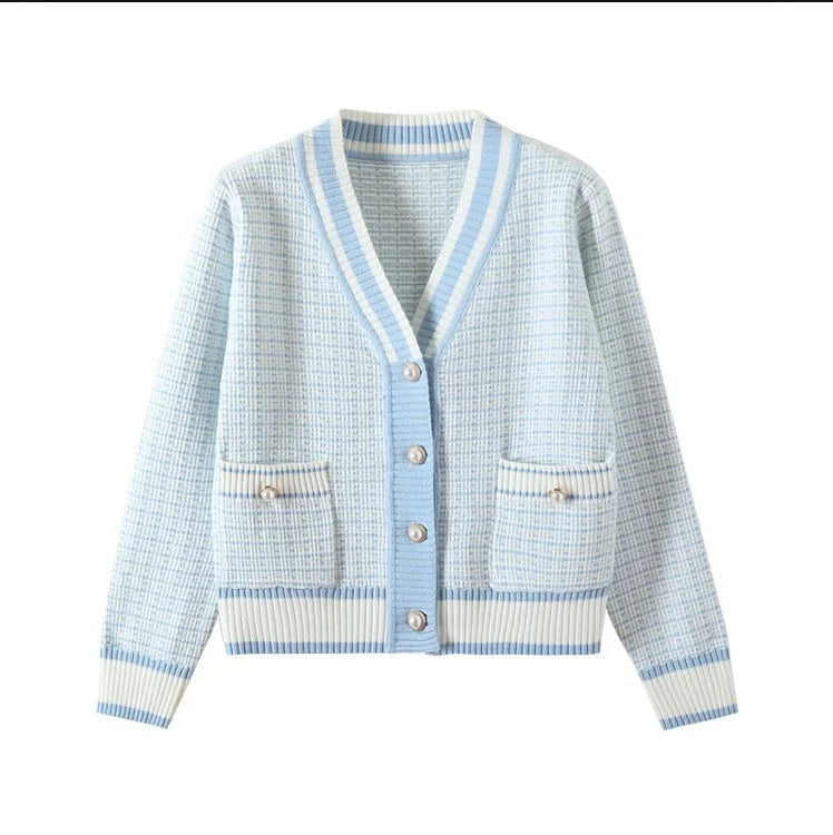Fashion Plaid Short Cardigan Women's V Neck Knitted Sweater