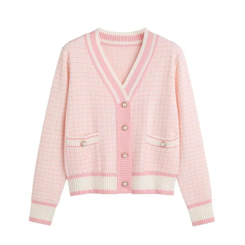 Fashion Plaid Short Cardigan Women's V Neck Knitted Sweater