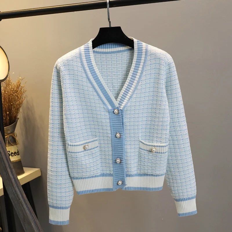 Fashion Plaid Short Cardigan Women's V Neck Knitted Sweater